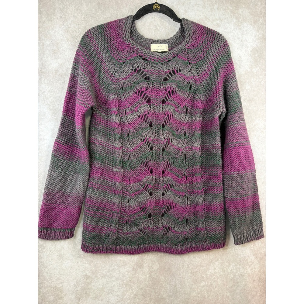 Lola's Sweater Women M Purple Green Space Dye Pointelle Knit Made in Italy